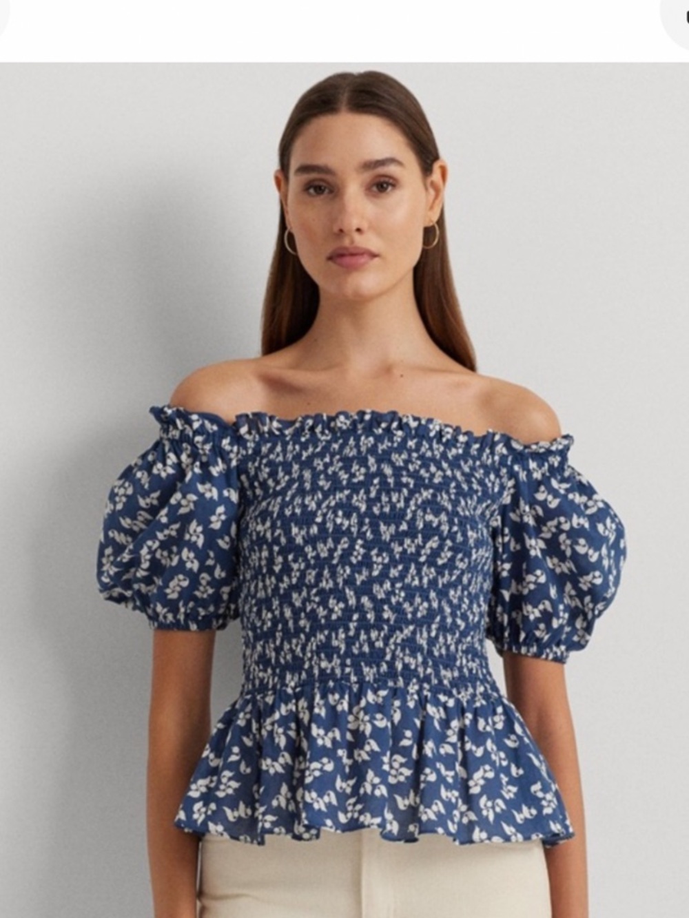 Lauren Ralph Lauren Blue Floral Smocked Off-Shoulder Peplum Top